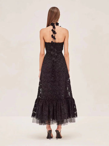 Niche 2024 Summer New Hanging Neck Design Hand Nail Flower Thoracic Hollow Long Dress Woman